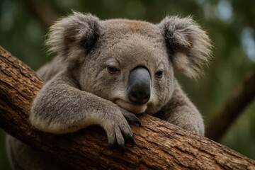 Naklejka premium A koala rests on a tree branch, its eyes gently closed in peaceful slumber