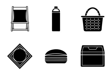 Collection of outdoor and picnic icons in black and white