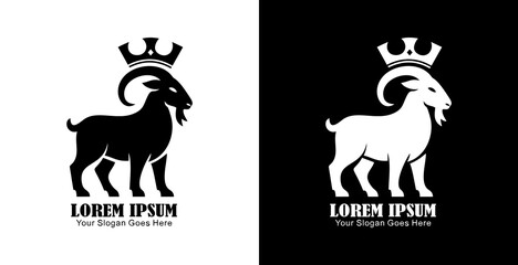 Logo design of a goat wearing a crown with a simple modern shape