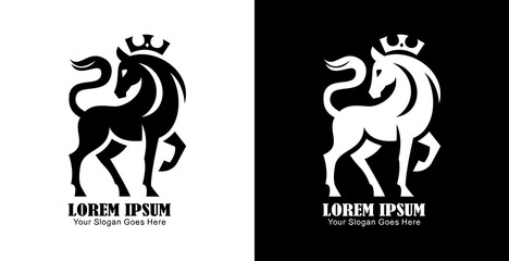 Horse logo design wearing a crown with a simple modern shape