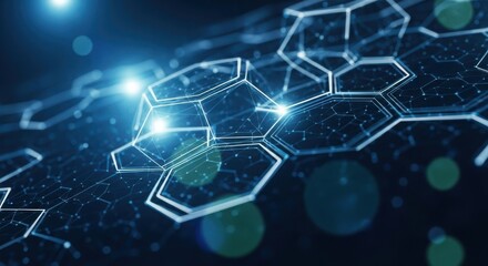 Abstract futuristic hexagonal grid structure illuminated by bright blue lights and subtle bokeh effects creating a digital network