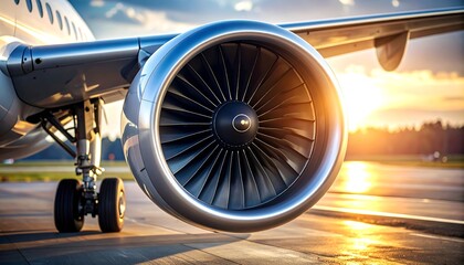 Airplane Turbine Close-up at Sunset on Tarmac