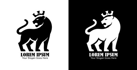 A logo design of a panther wearing a crown with a simple modern shape