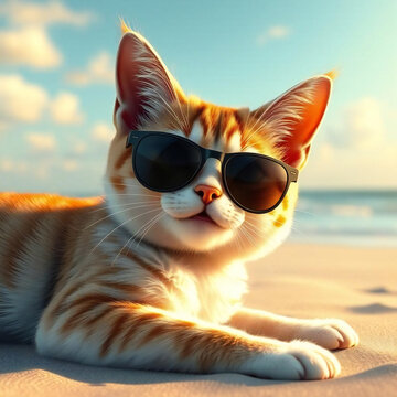  Cute Cat Character on Seaside Vacation.: Smiling pet wearing sunglasses.Relaxing seaside.Pet with sunglasses on beach.close-up.Generated by AI