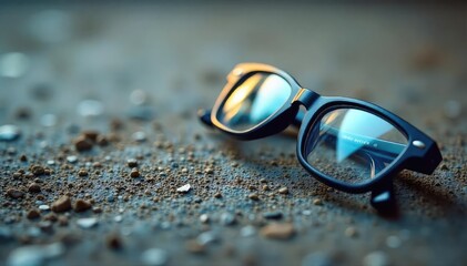 Close-up shot of a pair of eyeglasses discarded on a rough, textured surface, conveying a sense of anger, frustration, or rejection , abandoned, spiteful, eyewear