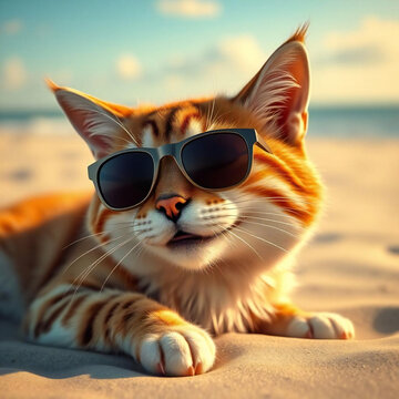 Summer Beach Cat Illustration with Sunglasses. : Smiling pet wearing sunglasses.Relaxing seaside.Pet with sunglasses on beach.close-up.Generated by AI