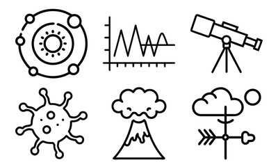 Science and Laboratory Line Icons Chemistry, Physics, Biology, Space, Robotics, Data, and Medical Vector Icon Set for Education, Research, and STEM Projects
