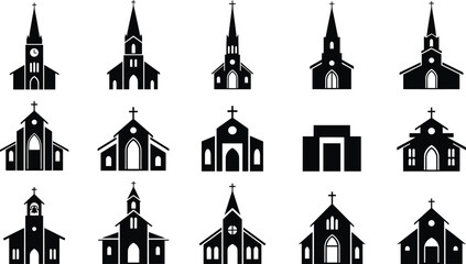 Church icon set, black and white silhouettes, religious architecture, steeples and crosses, Christian buildings, vector graphic, diverse church styles