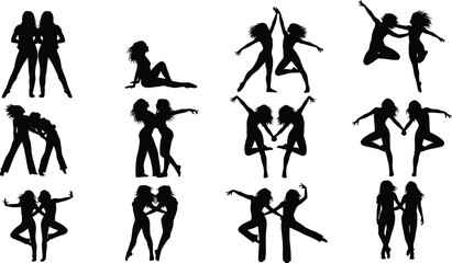 Couple silhouette poses, black human figures, expressive dance movements, dynamic duo actions, artistic people icons, interaction gestures, isolated vector silhouettes