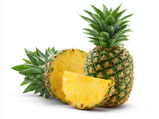 Fresh Pineapple with Half Slice Isolated on Pure White Background


