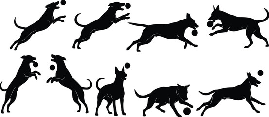 Dog silhouette playing with ball, black dog vector, pet agility illustration, jumping dog clipart, canine action pose graphic