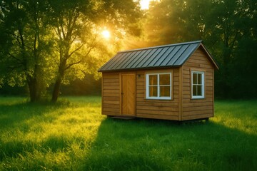 A rustic wooden cabin nestled in a tranquil meadow bathed in the golden glow of sunrise