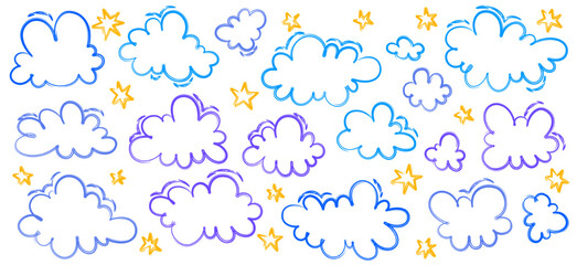 whimsical clouds and small yellow stars in blue and lilac outline, playful dreamy sky design