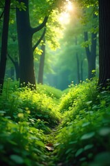 Fototapeta premium Dense, lush green forest floor carpeted with thick, vibrant grass, sunlight dappling through leaves Tranquil, serene natural scene Perfect for nature, ecology, environmental themes , growth, natural