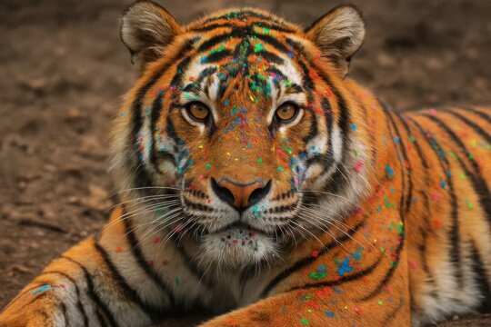 A tiger adorned with a rainbow of paintful specks, lying serenely on a textured canvas of the wild