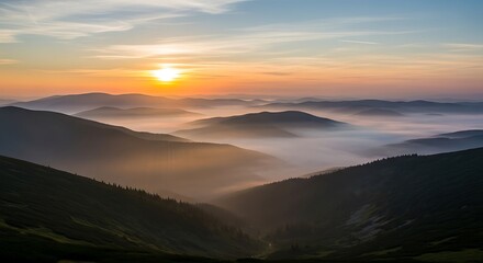 Dramatic Mountain Sunrise with Rolling Fog and Majestic Peaks an Inspirational Landscape Painting of Natures Beauty