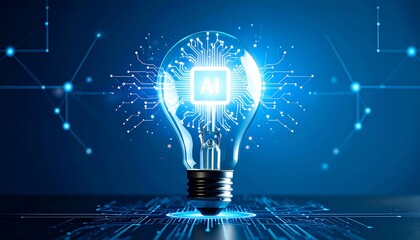 Illuminated AI Lightbulb with Circuitry and Glowing Blue Digital Background
