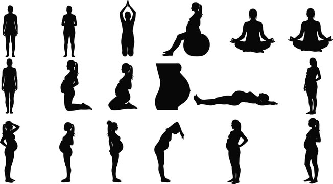 Pregnant woman silhouettes, maternity poses, yoga and exercise positions, pregnancy stages, black vector icons, health, fitness, motherhood illustration set
