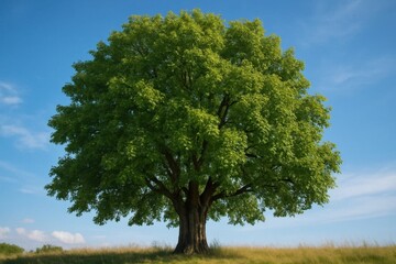 Fototapeta premium A Lone Oak Tree Stands Tall Against a Clear Blue Sky
