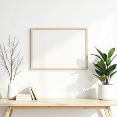 Frame mockup  a simple desk arrangement with a blank frame, plant, and vase against a white wall background scene