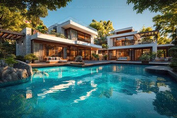 Obraz premium stunning architectural photograph of a modern, luxurious villa bathed in the warm glow of late afternoon sunlight