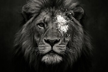 Fototapeta premium A striking monochrome portrait of a lion, its gaze piercing through the darkness, adorned with an abstract white mark on its forehead