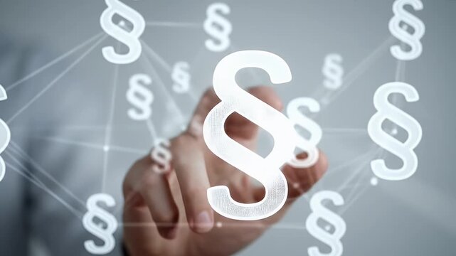 Hand Touching Paragraph Symbols on Digital Screen Representing Law Justice and Compliance in a Modern Minimalist Style with Light Gray Background