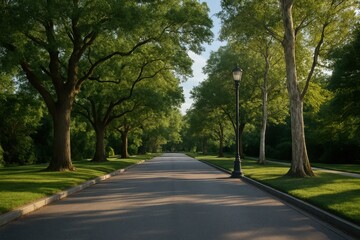 Obraz premium A serene pathway through nature, illuminated by a solitary street lamp, invites exploration in the tranquil embrace of the park