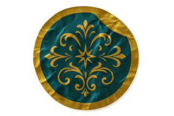 Vintage teal and gold floral sticker featuring ornate design, lending classic elegance with transparent background for decorative styling
