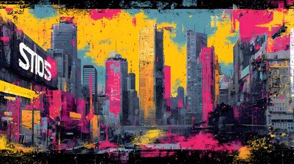 Obraz premium A visually striking and futuristic cityscape with skyscrapers set against a backdrop of vibrant abstract colors and digital effects creating a surreal and captivating urban landscape