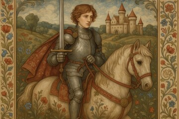 Obraz premium A knight in shining armor, poised on his white steed, stands guard over a medieval castle amidst a lush landscape of flowers and trees