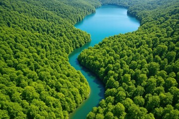 A serene river meanders through a lush forest, reflecting the tranquility of nature