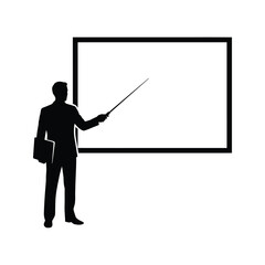 Silhouette of businessman giving presentation whiteboard pointer business presentation training teaching seminar lecture conference meeting