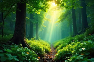 Lush green forest scene, sunlight dappling through dense canopy, vibrant foliage, tranquil atmosphere, untouched nature , natural, nature, organic