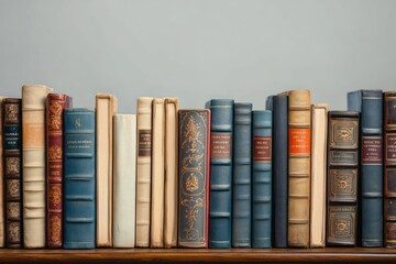 Naklejka premium Row of antique books with leather and cloth bindings arranged upright against a plain gray background, evoking a sense of history and knowledge
