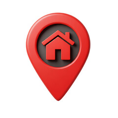 A red location pin with a house icon, indicating a home address, isolated on transparent background
