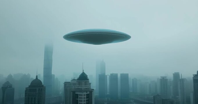 Alien invasion. Zoom in footage of an alien spaceship hovered over a densely populated city. The alien spacecraft's arrival leaves the city in a state of awe and uncertainty, its intentions unknown. - Powered by Adobe