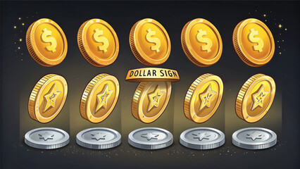 Set of Cartoon Game Coins with Dollar and Star Signs in Gold and Silver isolated on dark background