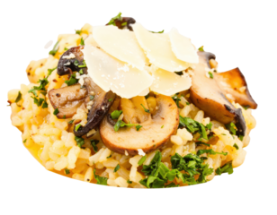 Creamy Italian mushroom risotto topped with shaved Parmesan cheese and fresh chopped parsley.