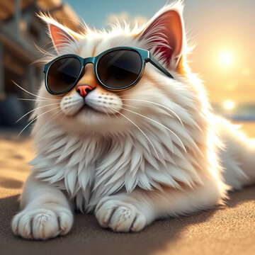 Playful Cat in Sunglasses on Holiday. : Smiling pet wearing sunglasses.Relaxing seaside.Pet with sunglasses on beach.close-up.Generated by AI