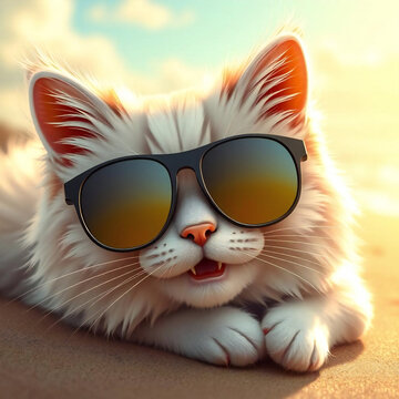 Cute Pet Cat Relaxing on Sunny Beach. : Smiling pet wearing sunglasses.Relaxing seaside.Pet with sunglasses on beach.close-up.Generated by AI