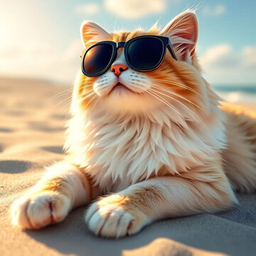 Beachside Cat with Sunglasses and Attitude. : Smiling pet wearing sunglasses.Relaxing seaside.Pet with sunglasses on beach.close-up.Generated by AI