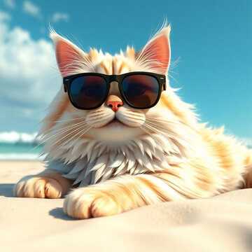 Happy Cat with Sunglasses in Summer Sun. : Smiling pet wearing sunglasses.Relaxing seaside.Pet with sunglasses on beach.close-up.Generated by AI