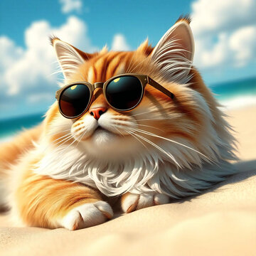 Relaxed Kitty with Sunglasses by the Sea. : Smiling pet wearing sunglasses.Relaxing seaside.Pet with sunglasses on beach.close-up.Generated by AI