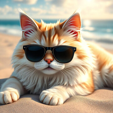 Adorable Cat Enjoying Summer Vacation. : Smiling pet wearing sunglasses.Relaxing seaside.Pet with sunglasses on beach.close-up.Generated by AI