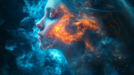 Girl with fiery face in smoke-filled cosmic space