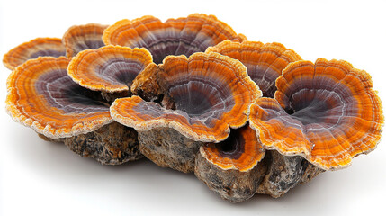 Colorful bracket fungi cluster on white background