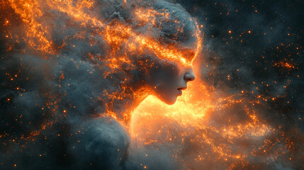 Fiery, abstract woman profile, cosmic background, digital art