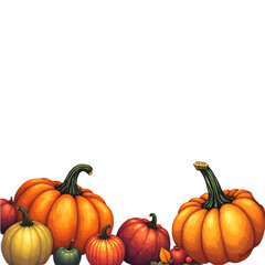 Obraz premium A colorful display of pumpkins, pumpkins and leaves sitting in a row on wooden background. Space for text. Generative AI.