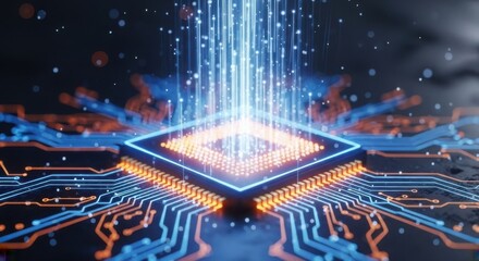 Futuristic digital circuit board with glowing processor and data streams representing advanced technology and information flow